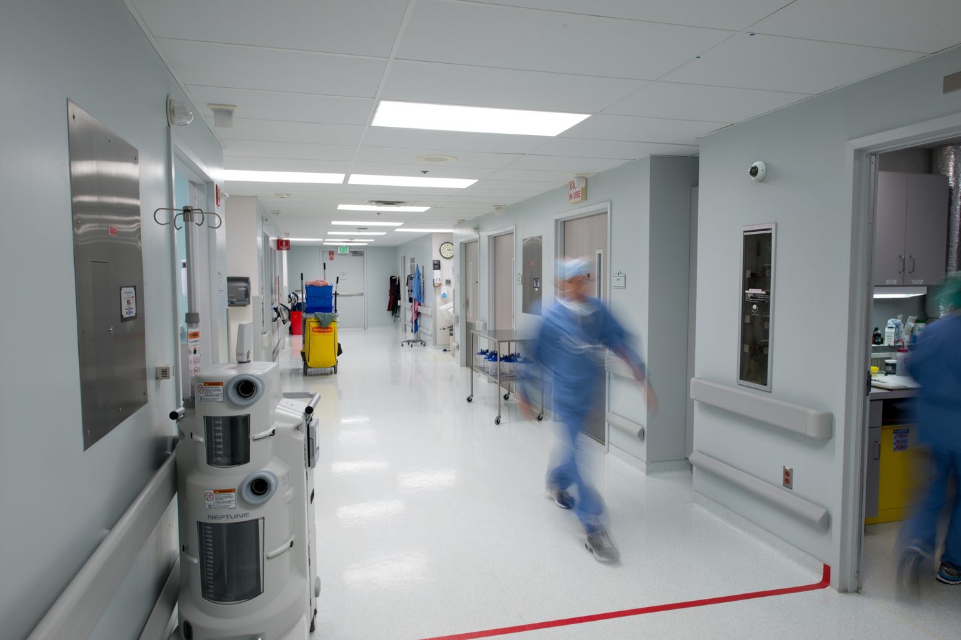 Verkada dome camera in a healthcare facility corridor